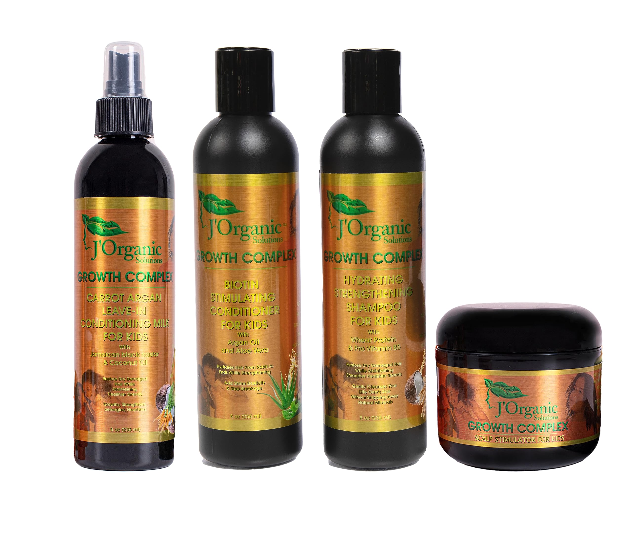J’Organics Kid’s Healthy Hair Kit includes hydrating strengthening shampoo, biotin hair growth conditioner, carrot argan leave-in conditioning milk, and hair growth scalp stimulator for nourishing children's natural hair. Main image