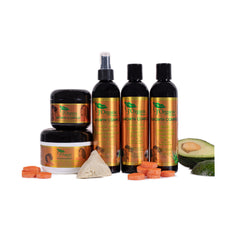 Kids includes a hydrating strengthening shampoo, biotin hair growth conditioner, moisture butter cream, and scalp stimulator designed for nourishing children's natural hair.